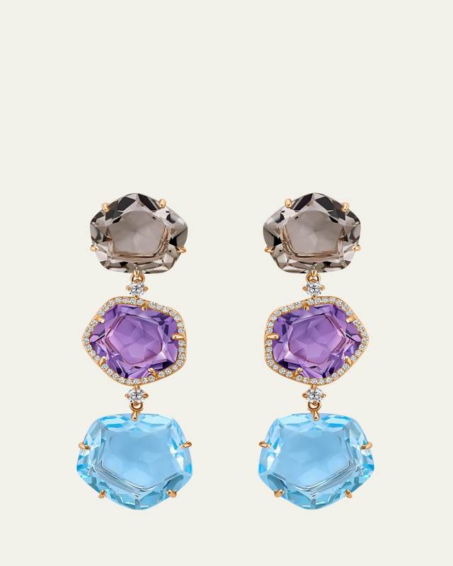 18K Rose Gold Smokey Quartz, Blue Topaz and Amethyst Francoise Earrings